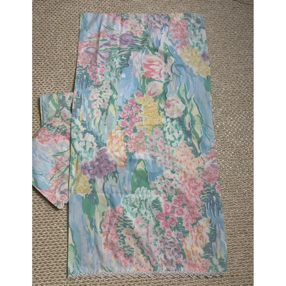 Atelier Martex King Pillowcase Set Floral Watercolor Lace Trim Vintage Monet